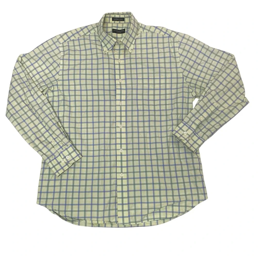 Lyle & Scott Button Down Shirt Mens XL (Est No Size Tag) Green Blue Plaid Cotton